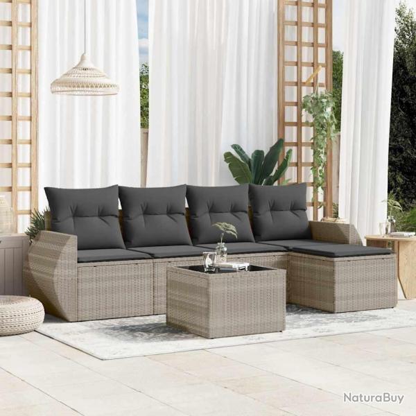Salon de jardin 6 pcs avec coussins gris clair rsine tresse