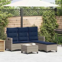 Salon de jardin 3 pcs avec coussins forme L gris résine tressée