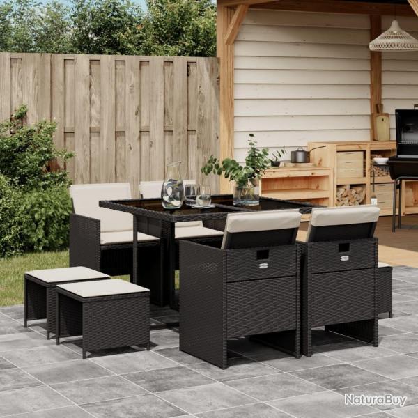 Ensemble  manger jardin 9pcs et coussins noir rsine tresse