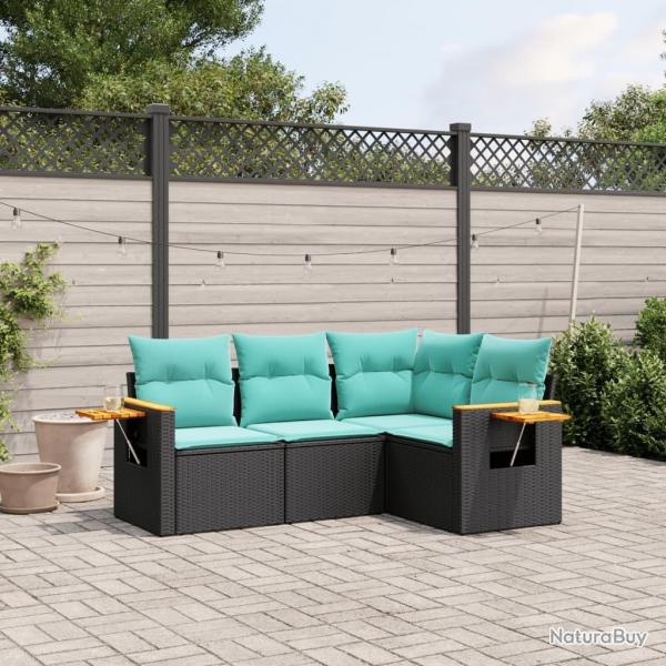 Salon de jardin 4 pcs avec coussins noir rsine tresse
