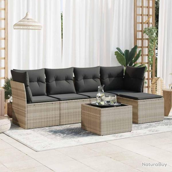 Salon de jardin 6 pcs avec coussins gris clair rsine tresse