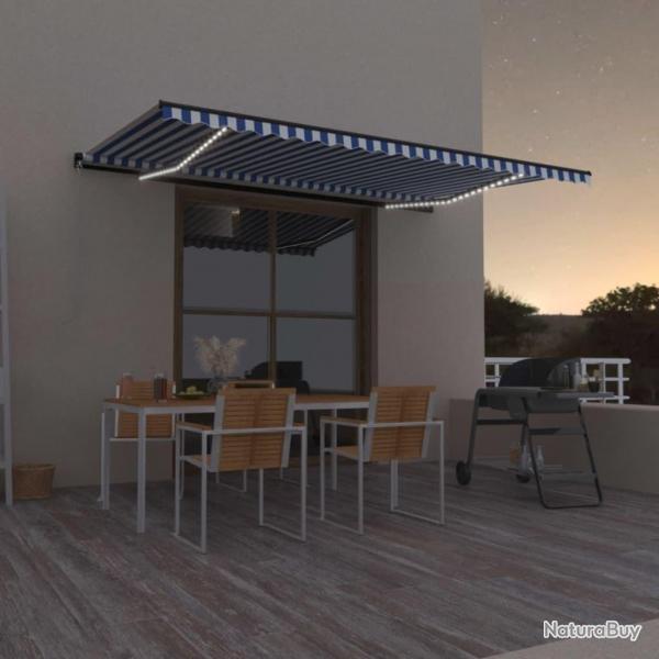Auvent manuel rtractable avec LED 500x300 cm Bleu et blanc