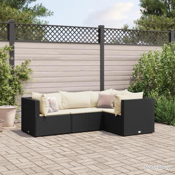 Salon de jardin 4 pcs avec coussins Noir Rsine tresse