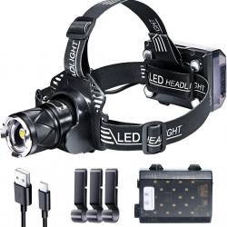 Lampe Frontale LED Puissante 90000 Lumens - XHP70, Rechargeable USB, Capteur de Mouvement, IPX7 Étan