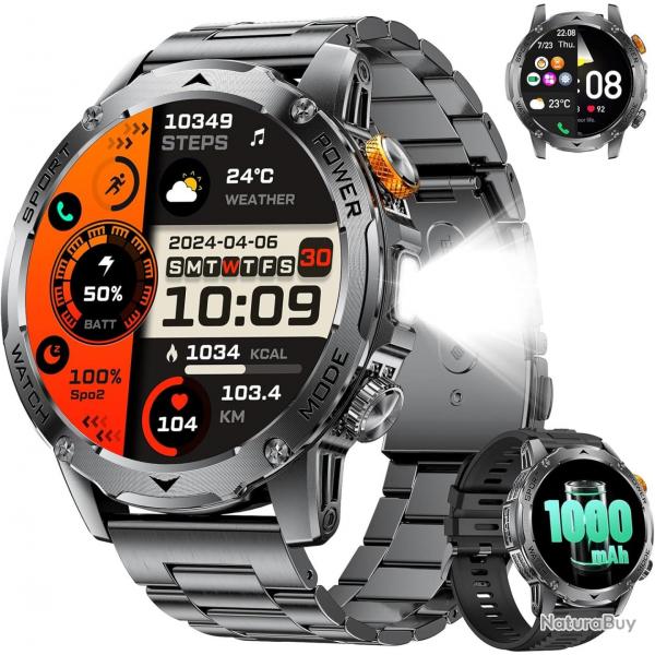 Montre Connecte Homme avec Appel Bluetooth-1000mAh Batterie,1.75" HD Grand cran/LED Lampe,24/7 Som