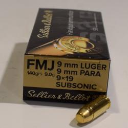 boite 50 cartouches subsonique Sellier Bellot 9×19 Luger FMJ 140 Grains