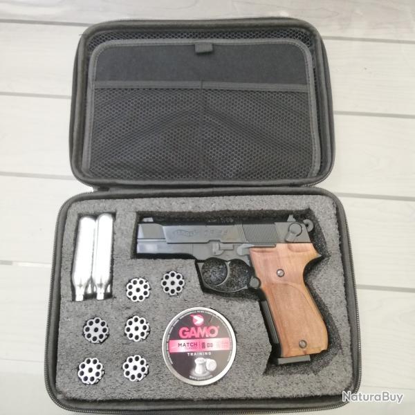 Pistolet WALTER CP88 CROSSE BOIS avec accessoiresValise/gaz/plombs/6 BARILLETS