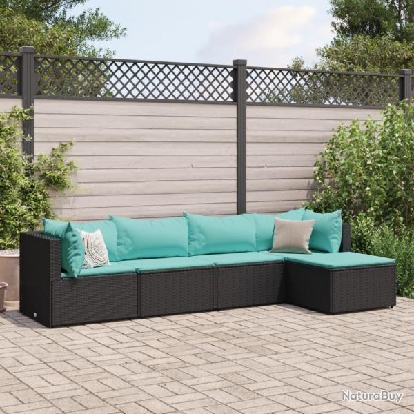 Salon de jardin 5 pcs avec coussins Noir Rsine tresse