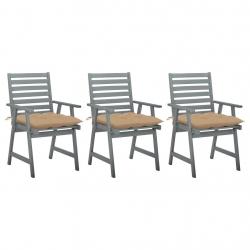 Chaises à manger d'extérieur lot de 3 et coussins Acacia massif