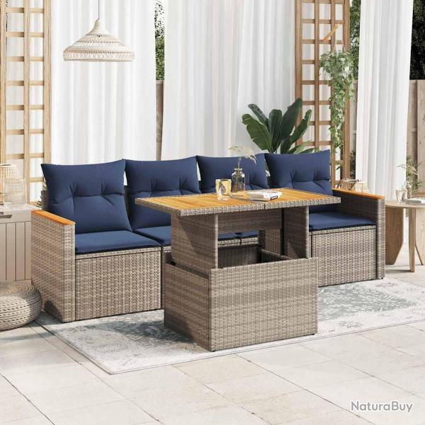Salon de jardin 5 pcs avec coussins gris rsine tresse
