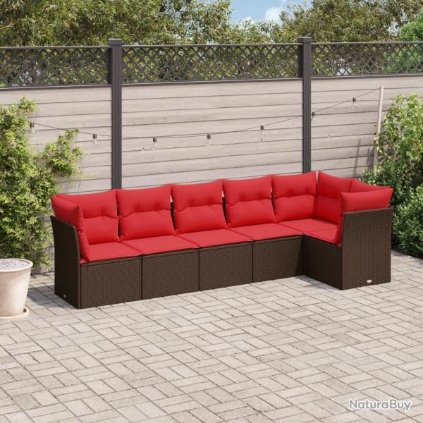 Salon de jardin 6 pcs avec coussins marron rsine tresse