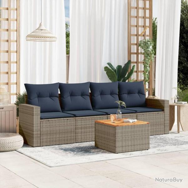 Salon de jardin 5 pcs avec coussins gris rsine tresse