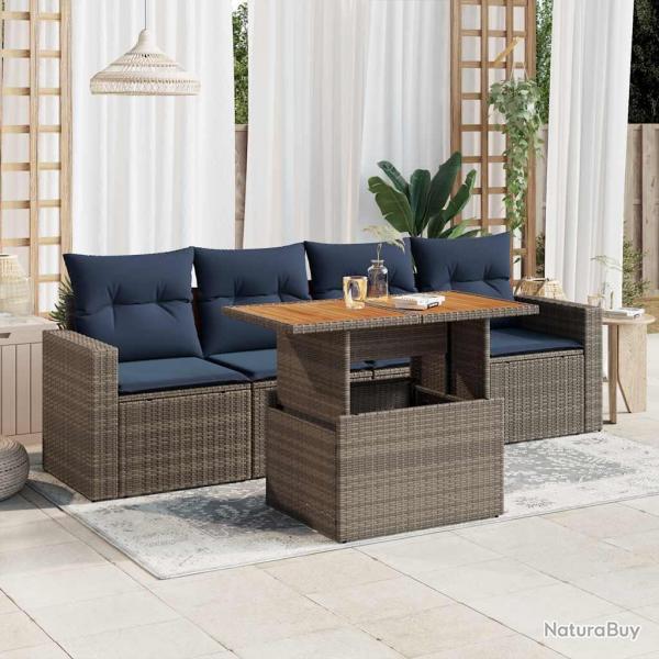 Salon de jardin 5 pcs avec coussins gris rsine tresse