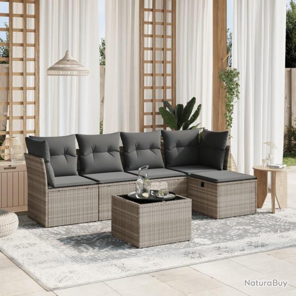 Salon de jardin 6 pcs avec coussins gris clair rsine tresse