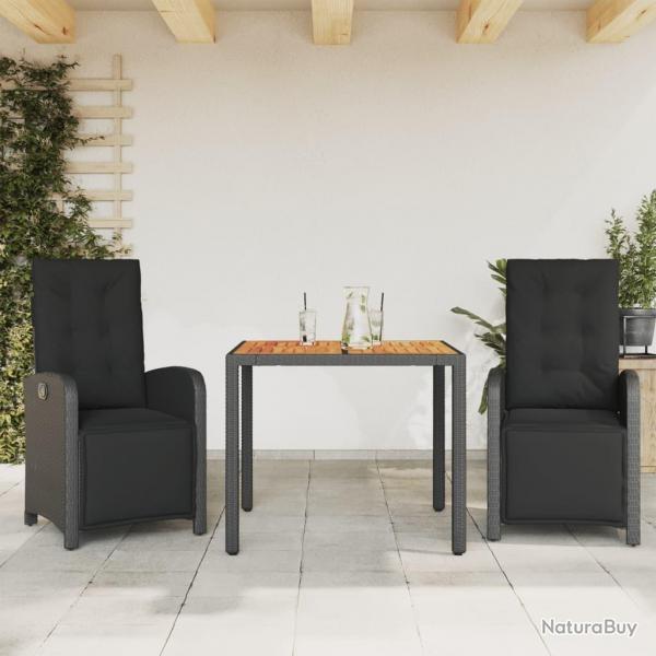 Ensemble de bistro 3 pcs avec coussins noir rsine tresse