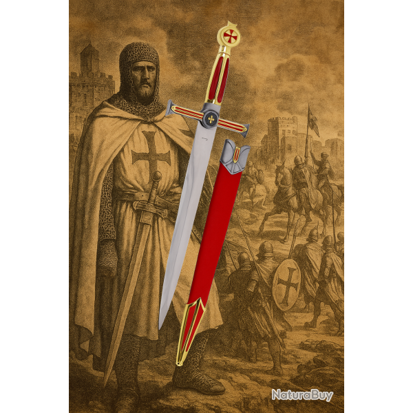 Amont S0235SA - Dague Templier avec Croix Rouge et Gaine en Cuir