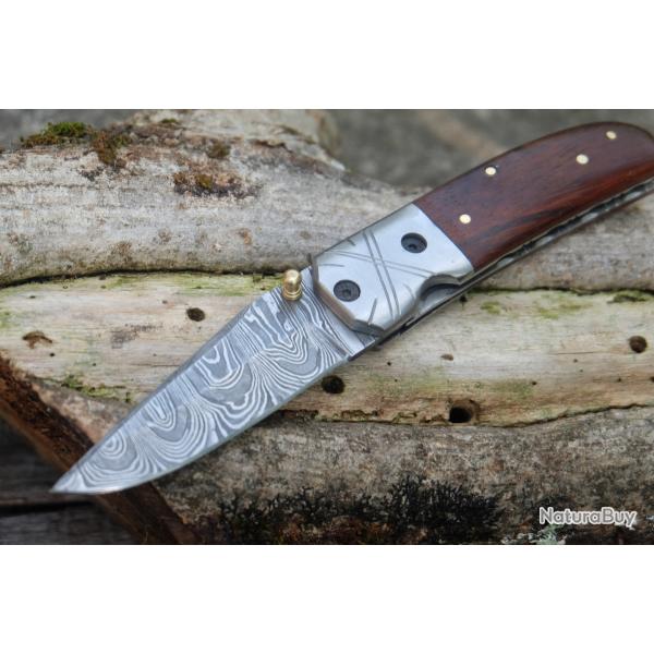 Beau Couteau Damas Lame Drop Point Acier 128 Couches Manche Bois Mitres Acier Fabric Artisanale