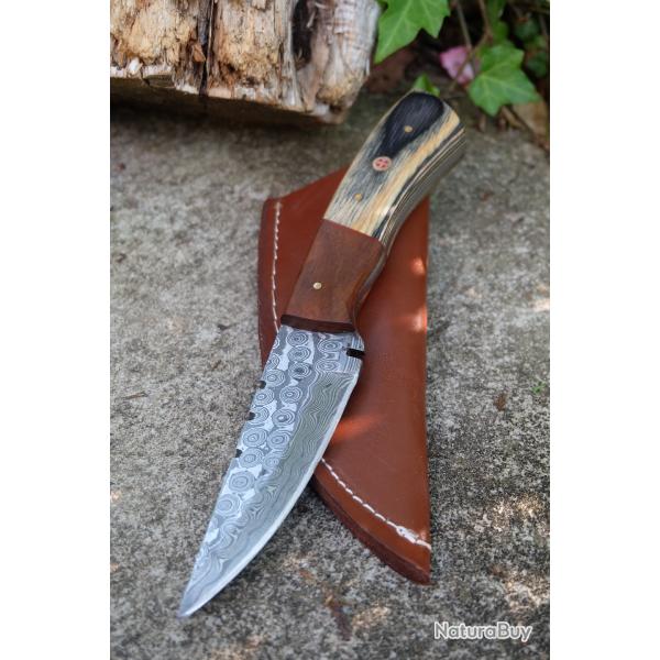 Couteau Skinner Damas Lame Upswept Acier 256 Couches Manche 2 Bois Etui Cuir Fabr Artisanale