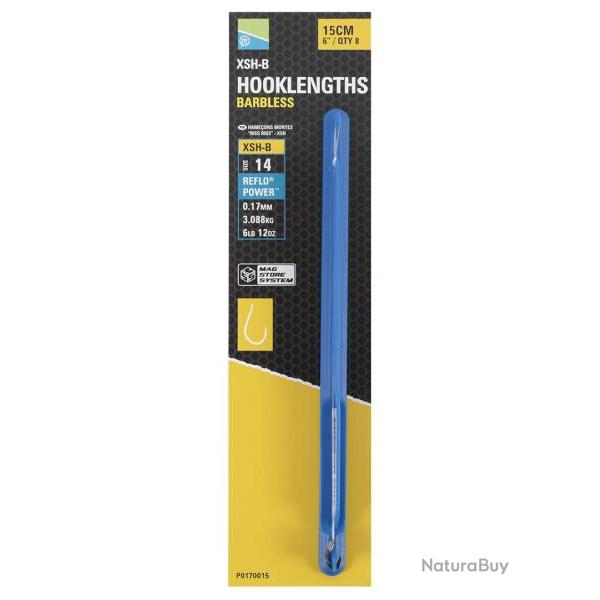 PRESTON BAS DE LIGNE MAG STORE XSH-B HOOKLENGTHS BARBLESS 0,17mm 14 6''15cm