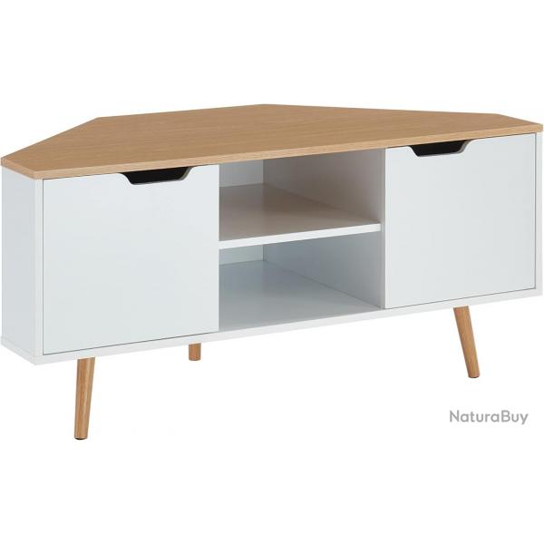 Meuble TV d'angle - Dcor Blanc et chne - Style Industriel - L 115 x P 55 x H 53,5cm