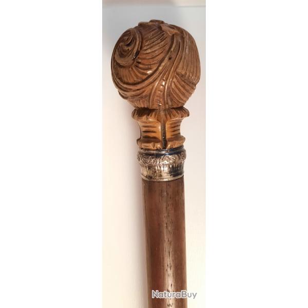 COLLECTIONS ANCIENNE CANNE ACAJOU POMMEAU IVOIRE VEGETAL EN NOIX DE COROZO