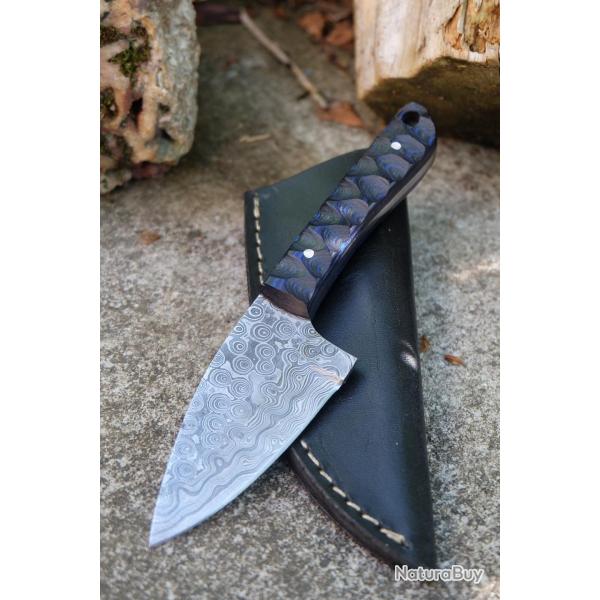 Skinner Couteau de Chasse Damas Lame 256 Couches Manche Bois Bleu Nuit 3D Fabr Artisanale Etui Cuir