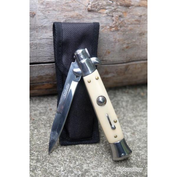 Stiletto Couteau Automatique Mafia Milano Lame Acier 440C Manche Abs Ivoirine Double Scurit Etui