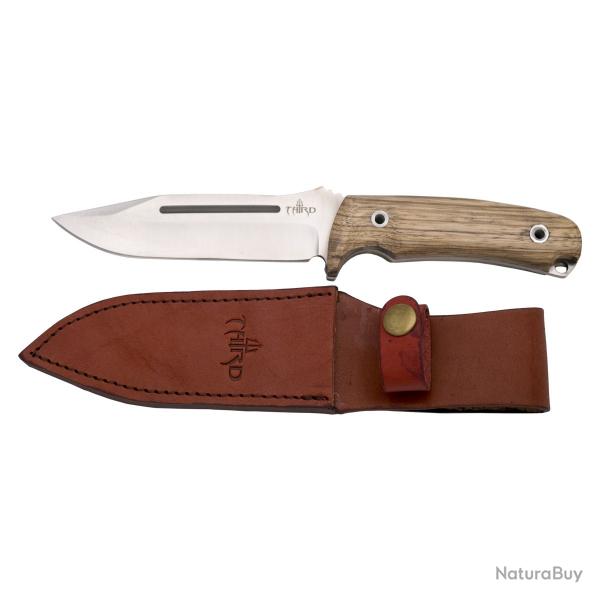 Couteau de chasse Third H0182J avec lame en acier de 13,2 cm, manche en bois (zebrano), avec housse