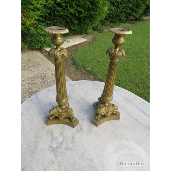 Ancienne grande paire de bougeoirs en Bronze dore - poque Empire/Restauration - FRANCE  (XIXme)