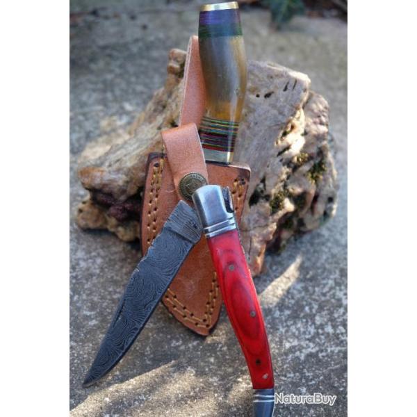 Little Couteau Damas Corne Lame 256 Couches Etui Cuir + Faon Laguiole Manche Rubis F Artisanale