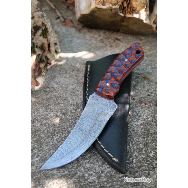 Skinner Couteau de Chasse Damas Lame 256 Couches Manche Bois Blue/Red 3D Fabr Artisanale Etui Cuir