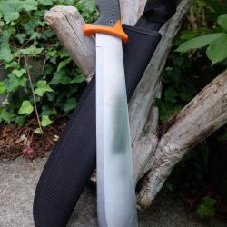 Bowie Couteau Machette Survie Façon Bear Grylls Lame Acier 3Cr13 Etui Nylon Manche Orange/Gris