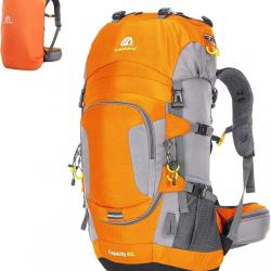 Sac à Dos Randonnée 60L Étanche + Housse de Pluie Camping Cyclisme Alpinisme Trekking Sport Orange