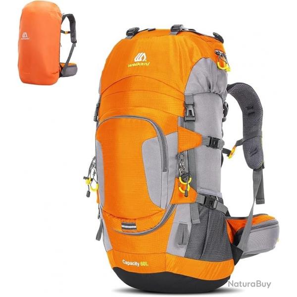 Sac  Dos Randonne 60L tanche + Housse de Pluie Camping Cyclisme Alpinisme Trekking Sport Orange