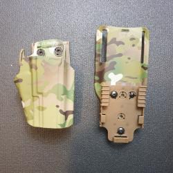 Holster Universel Rigide Réglable. A Dégainage Rapide + Platine QD + Port Bas. Multicam. Neuf