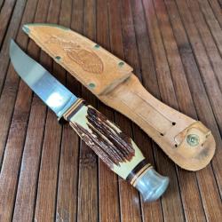 COUTEAU TRADITIONNEL ALLEMAND COL. HERBERT MANCHE BOIS DE CERF ROSTFREI COMME NEUF .