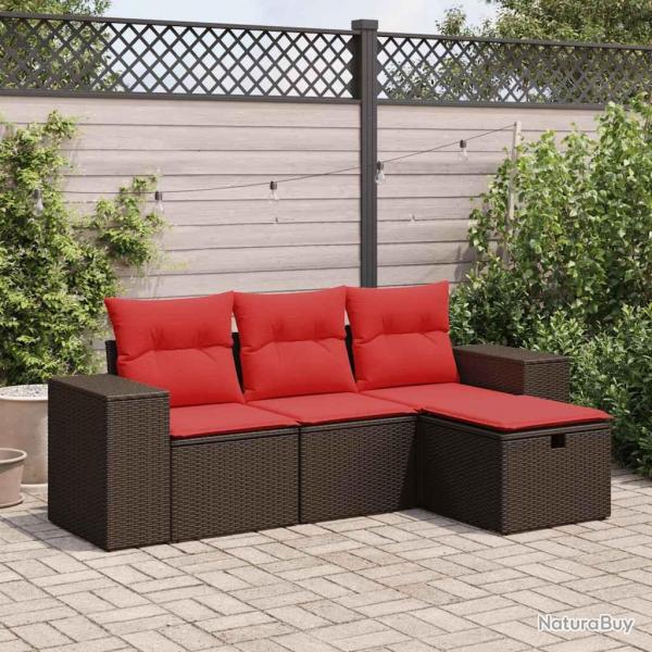 Salon de jardin 4 pcs avec coussins marron rsine tresse