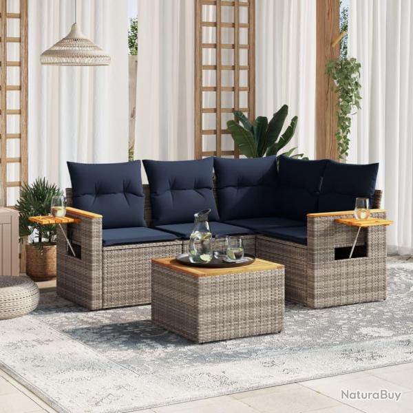 Salon de jardin 5 pcs avec coussins gris rsine tresse