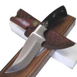 Couteau de Chasse Bushcraft Rando Lame Acier Inox Manche Corne Etui Cuir