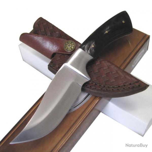 Couteau de Chasse Bushcraft Rando Lame Acier Inox Manche Corne Etui Cuir