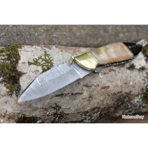 Beau Couteau Damas Lame Sheepfoot 128 Couches Manche Blier & Rsine Fab Artisanale Linerlock