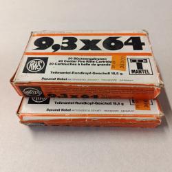 Deux boîtes de 20 munitions calibre 9,3 x64 de marque RWS 18,5g