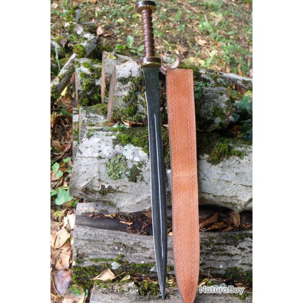 Epe Glaive Empereur Romain Lame Damas 512 Couches Forge Manche Bois/Laiton Etui Cuir F Artisanale