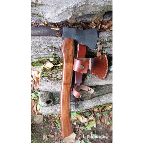 Hache Damas Hache de Jarl Viking Lame Acier Damas 512 Couches Manche Bois Etui Cuir Fabr Artisanale