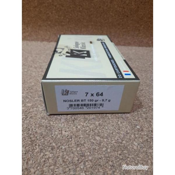 100 munitions, 5 Boites, SOLOGNE en 7x64 NOSLER BT.150GRS