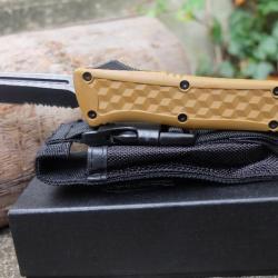 Couteau Automatique OTF Out the Front Tanto Lame Acier 440 Serr Manche Desert Storm Etui Tactical