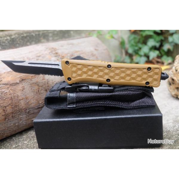 Couteau Automatique OTF Out the Front Tanto Lame Acier 440 Serr Manche Desert Storm Etui Tactical