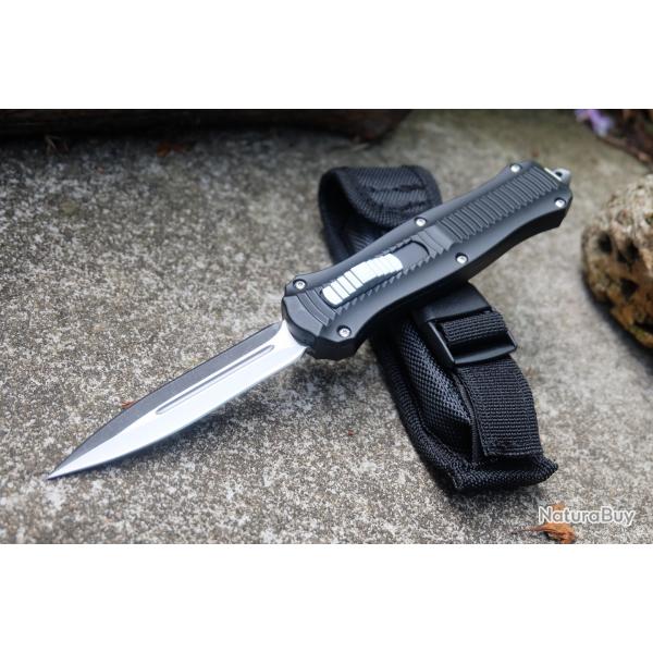 Couteau Automatique OTF Out the Front Lame Dague Double Edge Acier 440C Manche Alu Clip Etui Nylon