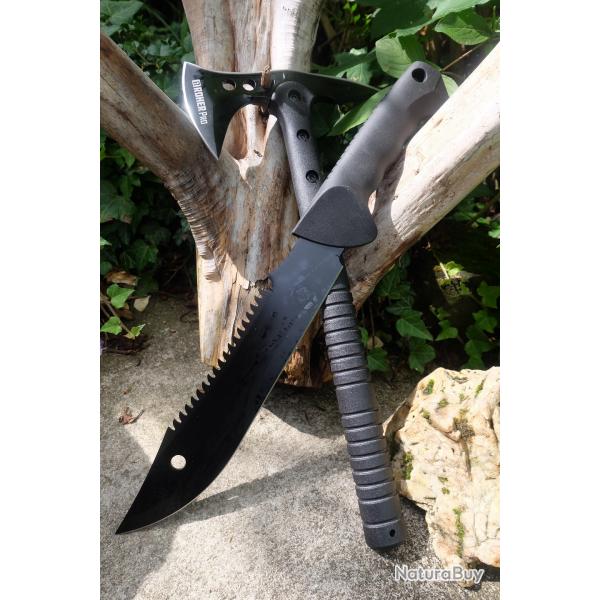 Set Tactical Hache Tomahawk Lame Acier Inox Etui Nylon + Bowie Lame Acier 3Cr13 Manche ABS Etui