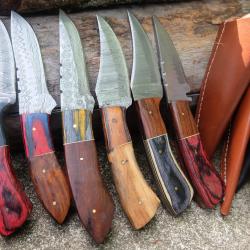 LOT DE 6 Couteau Skinner Damas Lame Acier 256 Couches Manche Bois Etui Simili Cuir Fabr Artisanat 00